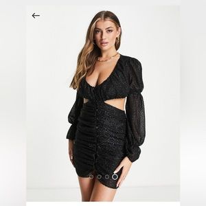 NWT ASOS textured button front ruched cut out mini dress in black